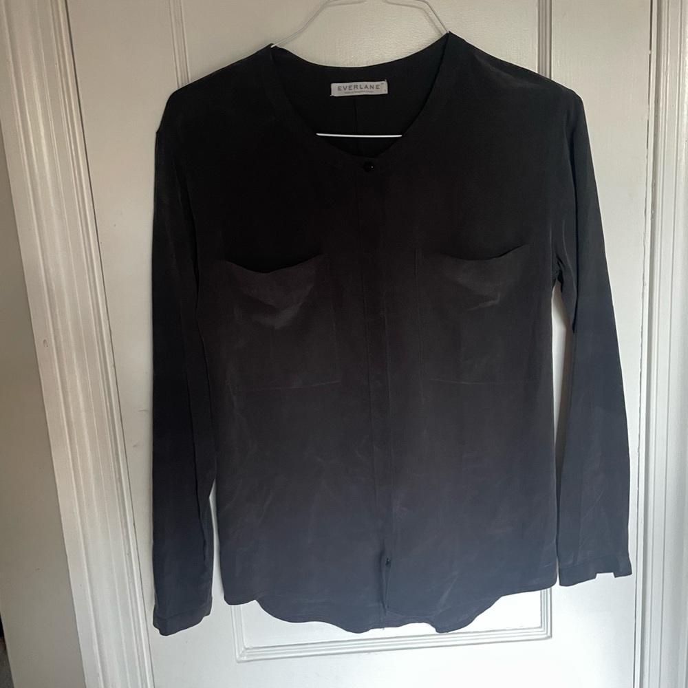 Everlane Collarless Silk Shirt in Black Sz XS Utility